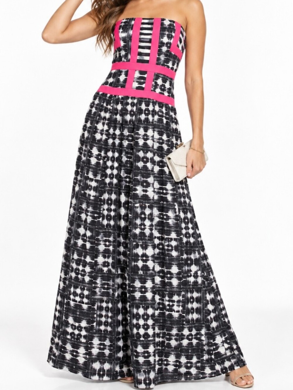 BCBGMAXAZRIA Gracelyn Strapless Ikat Print Black White Pink Maxi Dress Size 6
